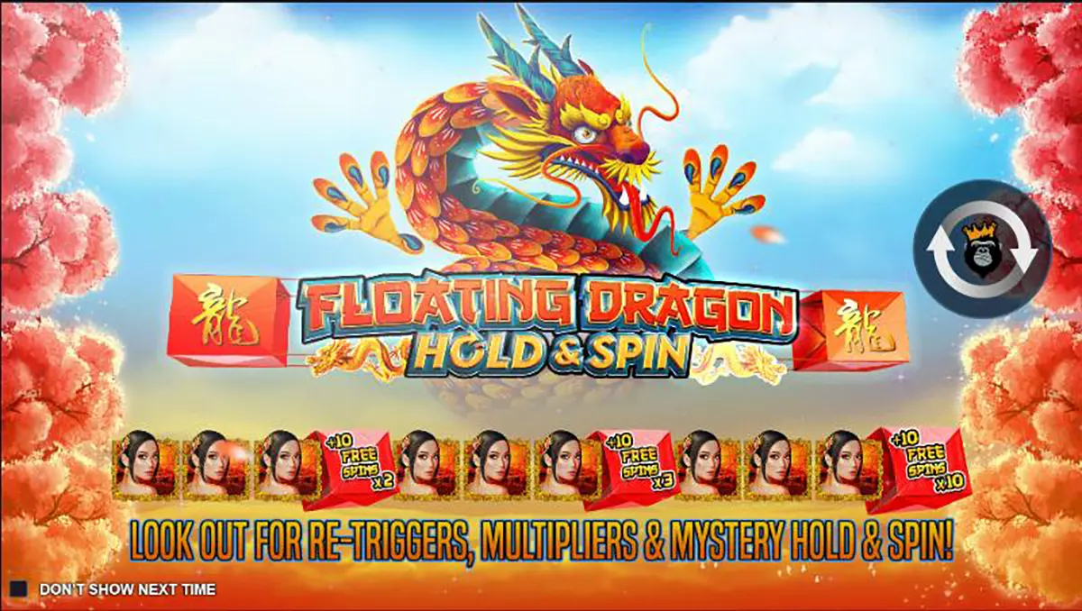 Game splash screen for “Floating Dragon: Hold & Spin” showing a colourful dragon above the title, bonus icons with “+10 free spins,” and a banner message about re-triggers, multipliers, and mystery hold & spin features.