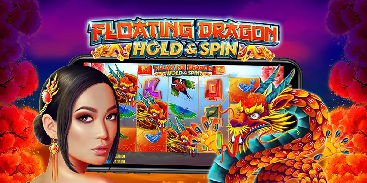 Promotional banner for “Floating Dragon: Hold & Spin” showing a slot machine screen filled with dragon-themed symbols, with a stylised woman on the left and a colourful, roaring dragon on the right against a vivid purple-and-red fantasy background.